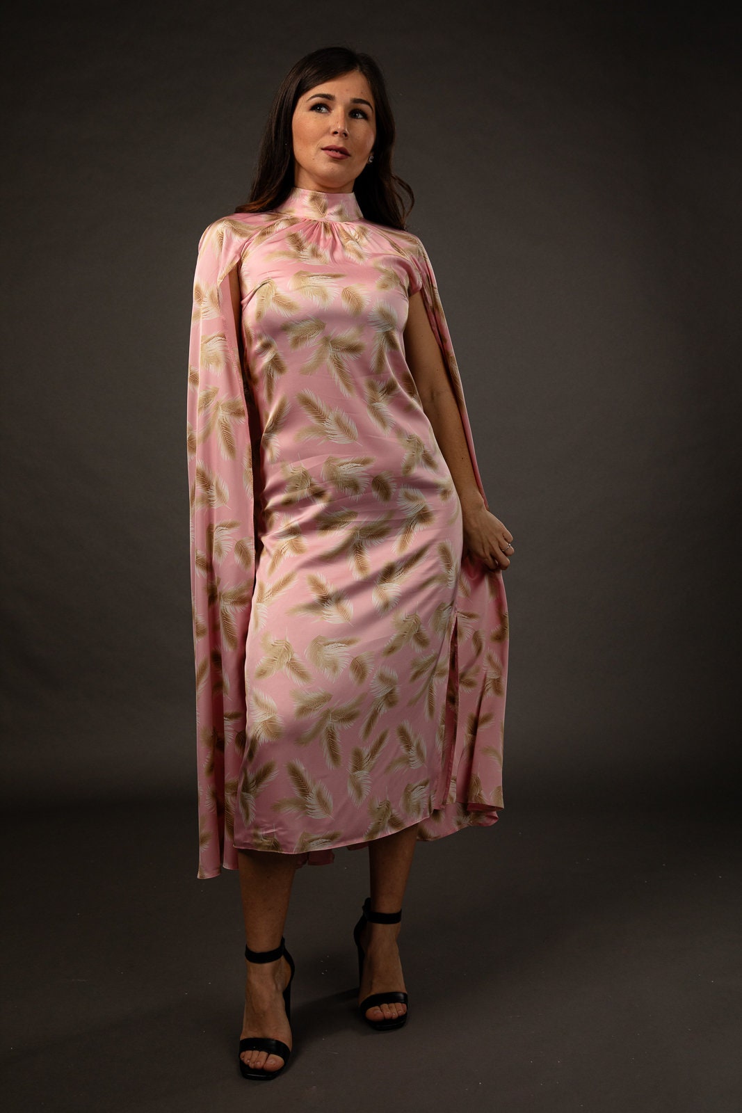 Cape Evening Dress with pink feathers pattern