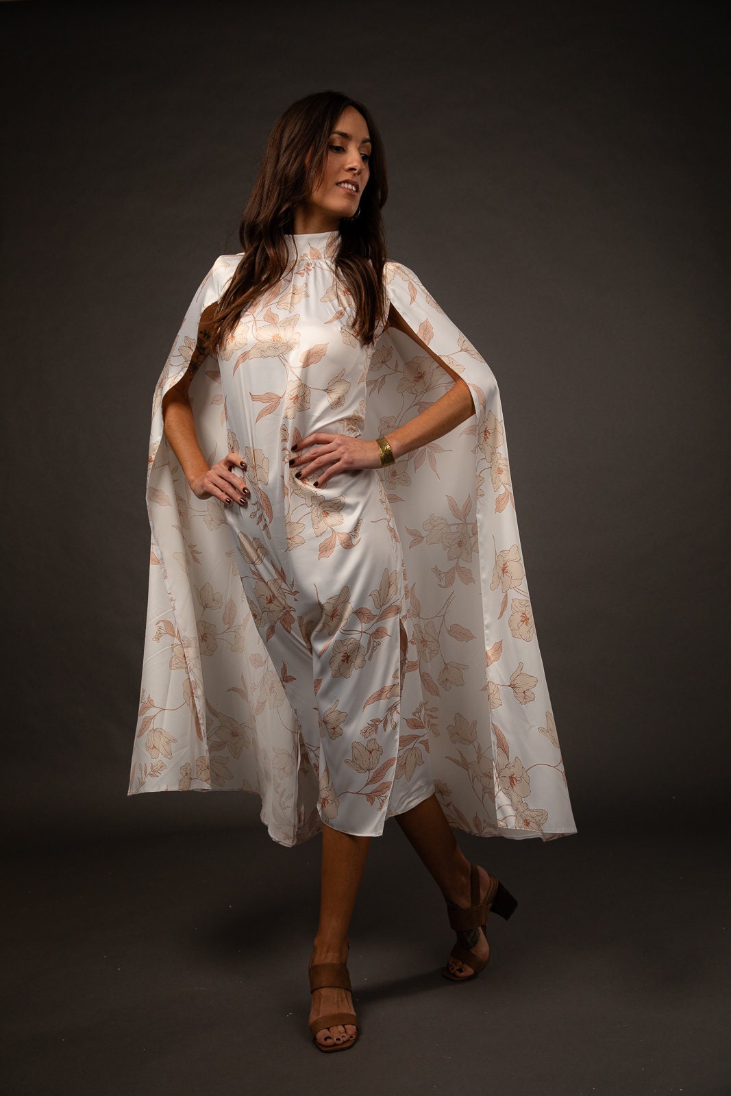 Cape Evening Dress - White Floral